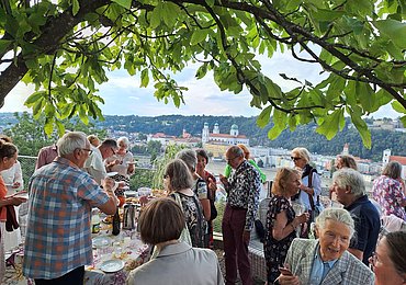 Eine Gruppe älterer Menschen versammelt sich unter einem belaubten Baum und sitzt an Tischen mit Essen und Getränken. Im Hintergrund ist eine malerische Stadtkulisse mit historischen Gebäuden und Hügeln zu sehen. Es scheint sich um eine angenehme Veranstaltung im Freien zu handeln.